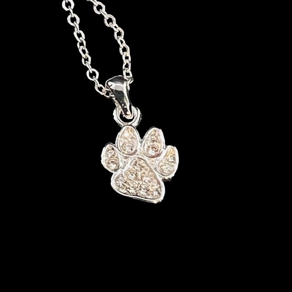 Silver Tone Cable Chain Necklace With Clear Rhinestone Paw Print Pendant (4700) - Picture 2 of 6